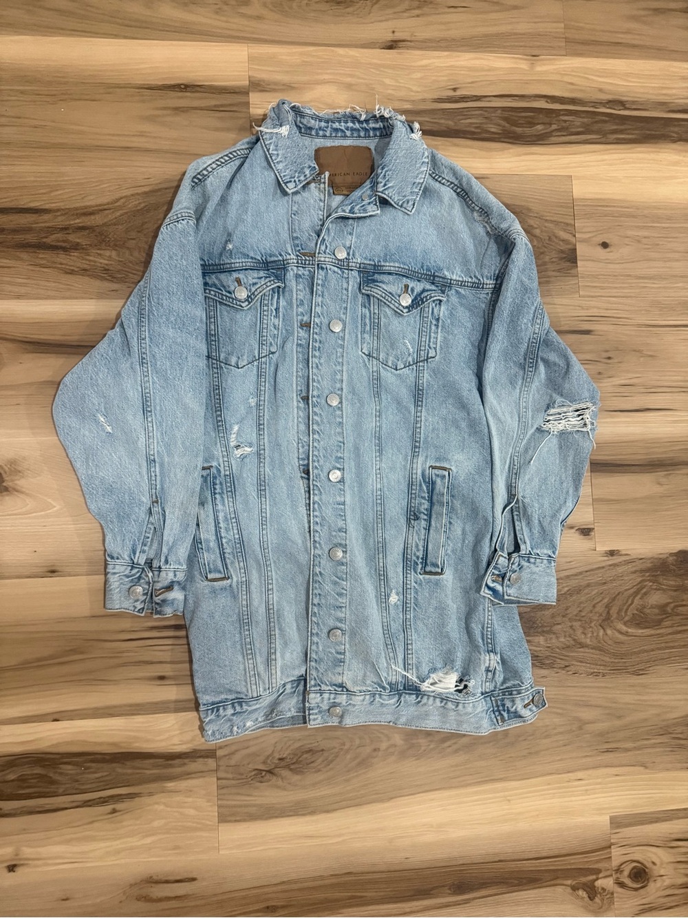 American Eagle Oversized Light Blue Distressed Denim Jacket - Women